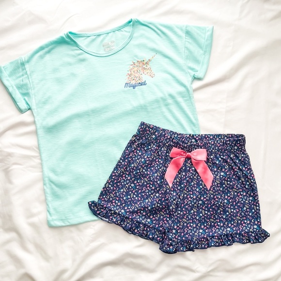Sleep On It Girls Unicorn Floral 2-Piece Pajama Shorts Sleep Set, L (14/16) - Picture 10 of 10